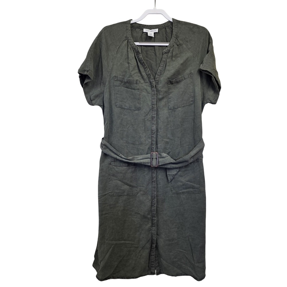 Lucky Brand Dress Women XL Green Linen Blend Belted Shirt Midi Utility Pockets - Picture 9 of 9